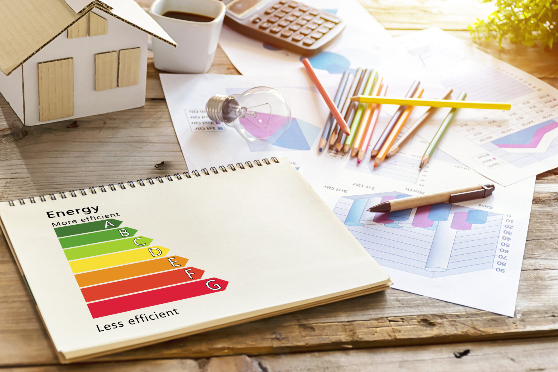 Concept of ecological and bio energetic house.Energy class.The desk has its place,house models,crayons,bulbs,coffee cup,calculator,Statistical documents,Detail of house efficiency rating on notebooks.